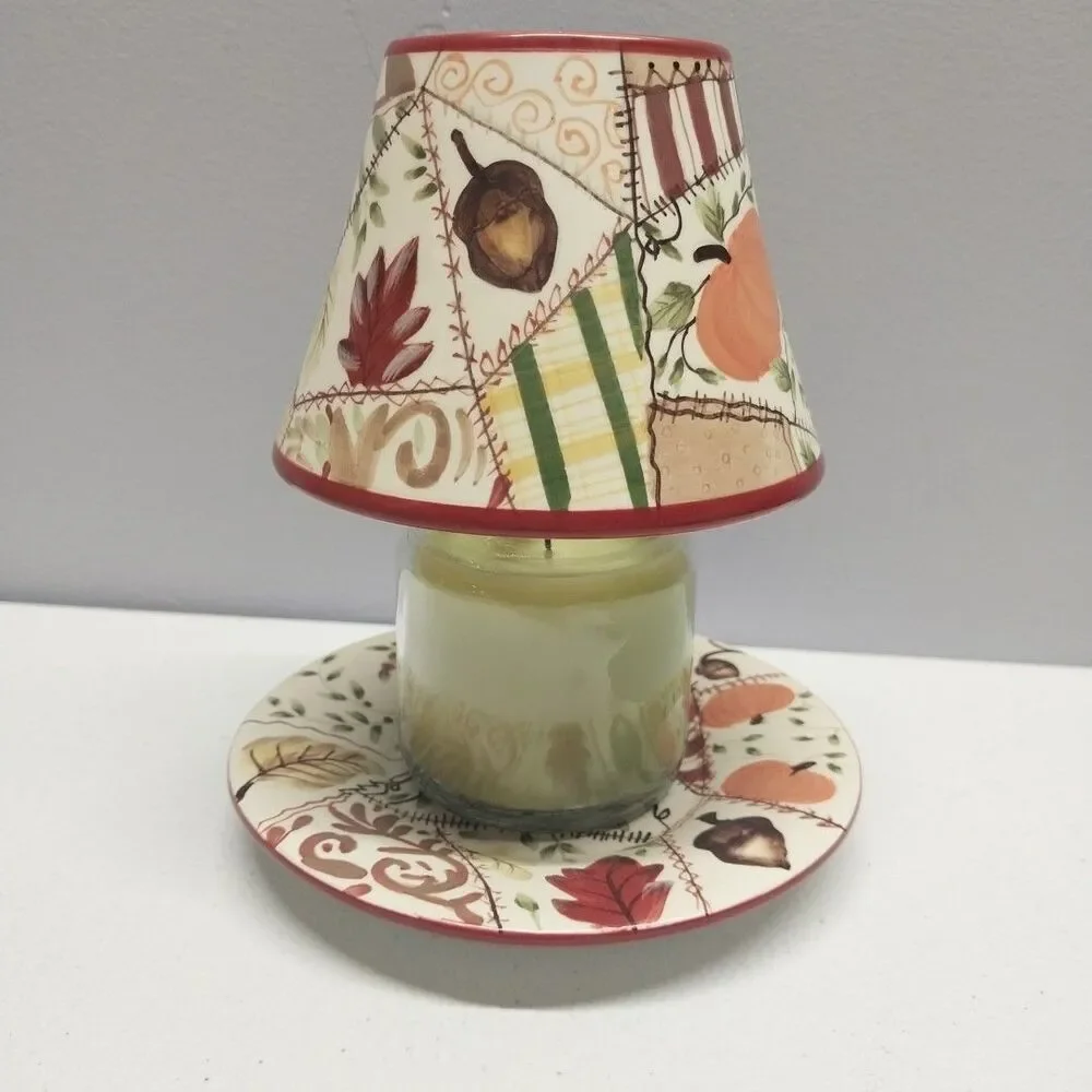 Yankee Candle Small Jar Ceramic Shade & Plate Patchwork Fall Pumpkin Leaf